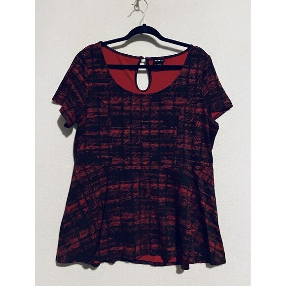 Torrid Top Womens 2X Red Black Scoop Neck Ponte Knit Peplum Hem Stretch Boho - Picture 1 of 7